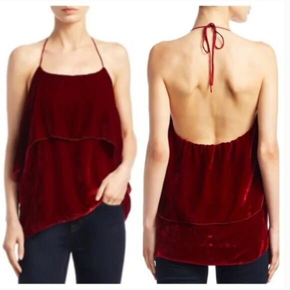 Alice + Olivia Marybeth Ruby Red Velvet Silk Halter Top - Picture 1 of 6